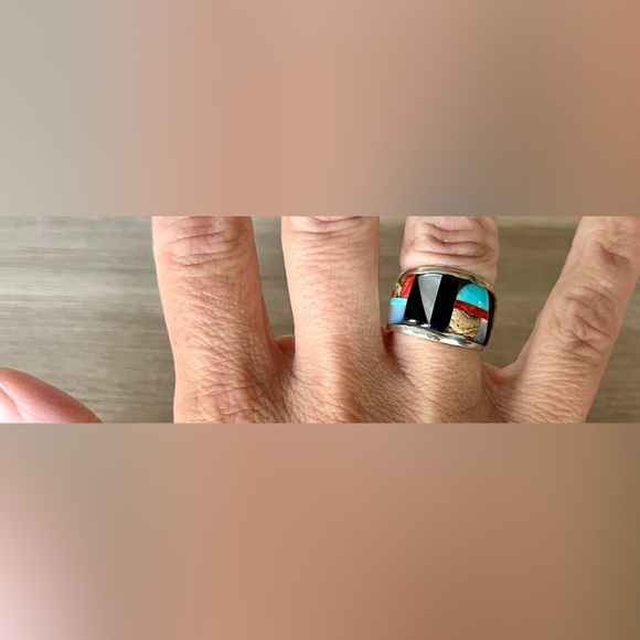 Vintage Handmade Zuni Multi Stone Inlay Wide Band Ring, Size 7 - Picture 9 of 11